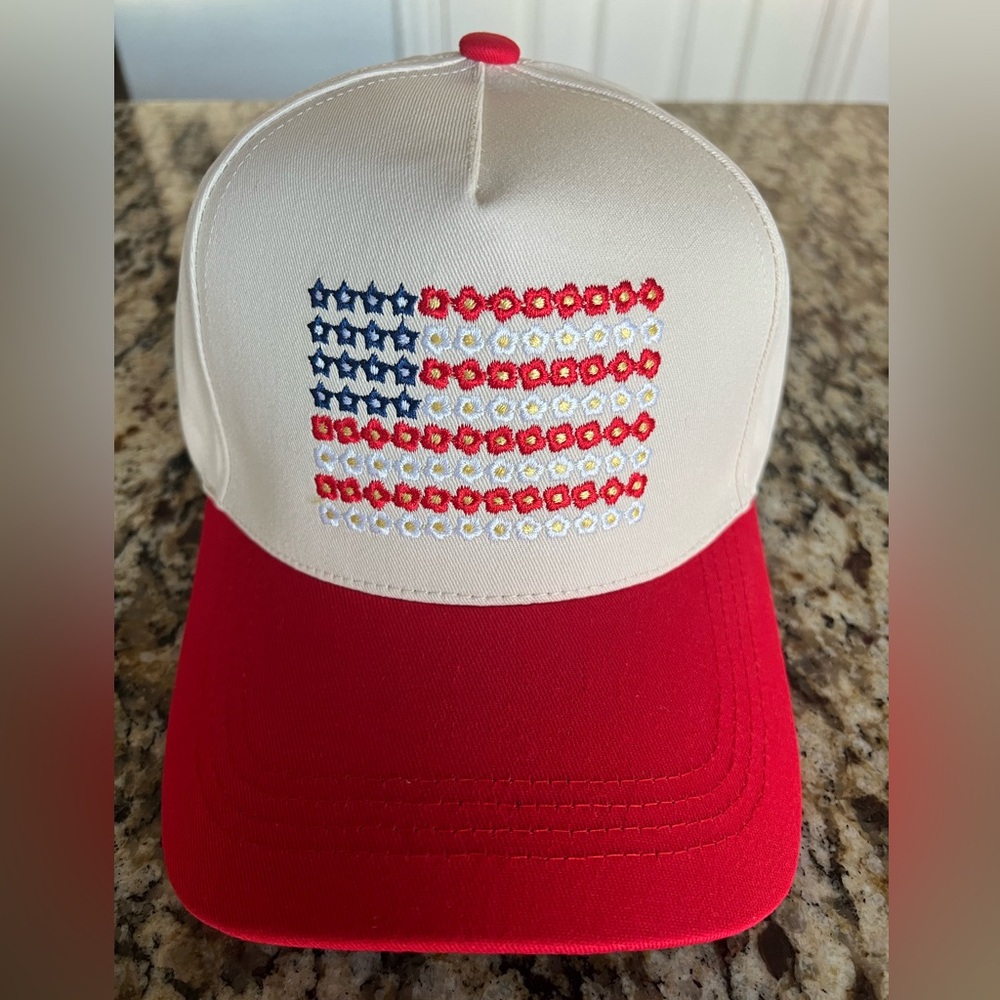New Cream and Red Floral American Flag Trucker Hat